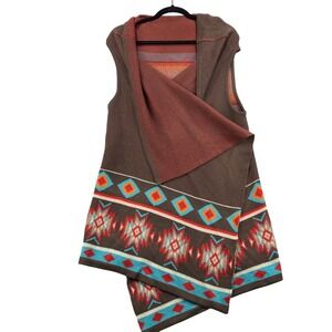 Southwestern Aztec Print Vest Shawl  Open Front Knit Vest Brown Multi Color